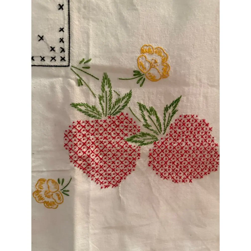 Vintage Hand Embroidered Strawberry Tablecloth White Cottagecore 50 x 50 OOAK